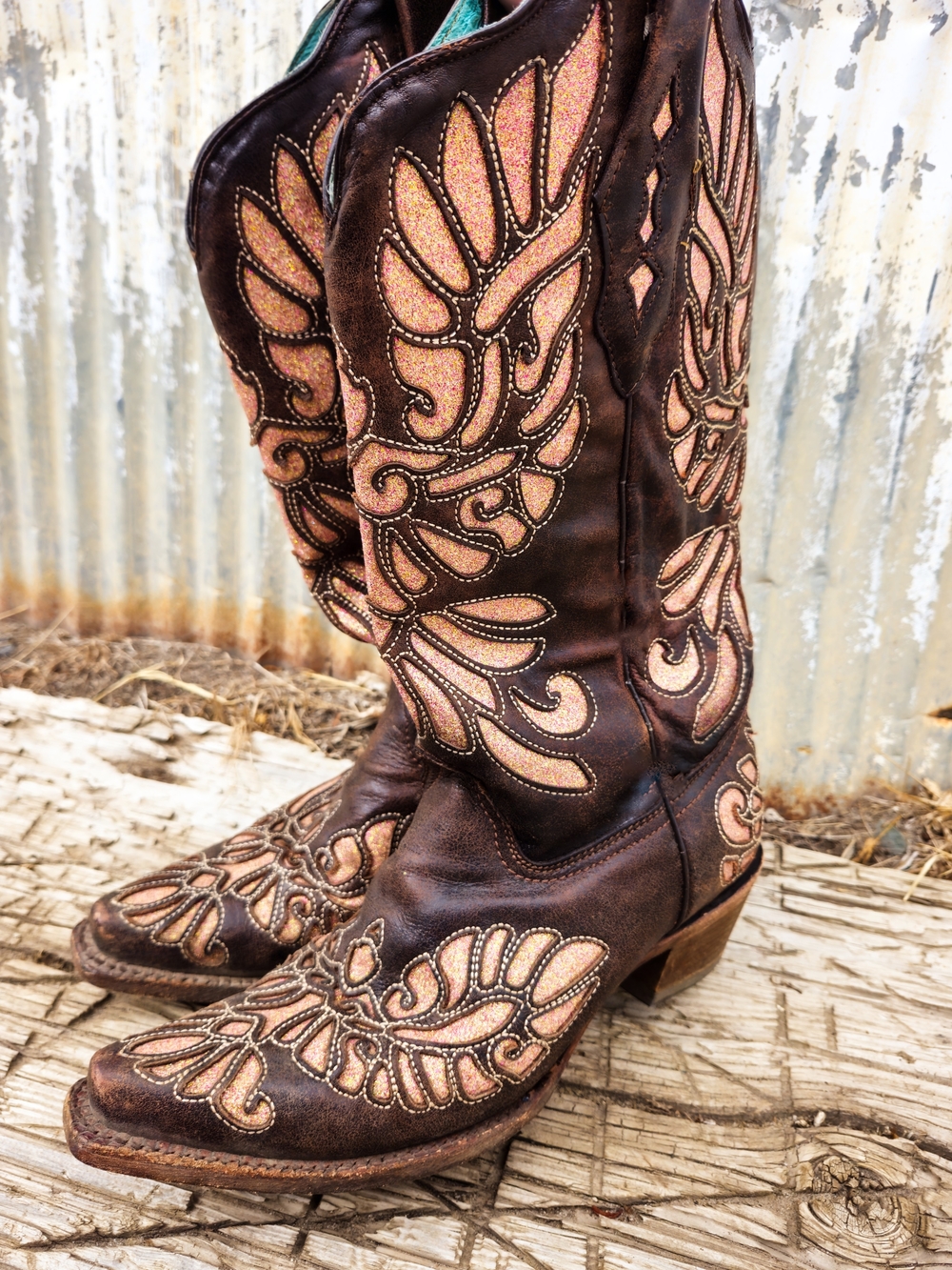 Corral A3539 Women’s 9M Brown Leather Pink Glitter Inlay Western Cowboy Boots